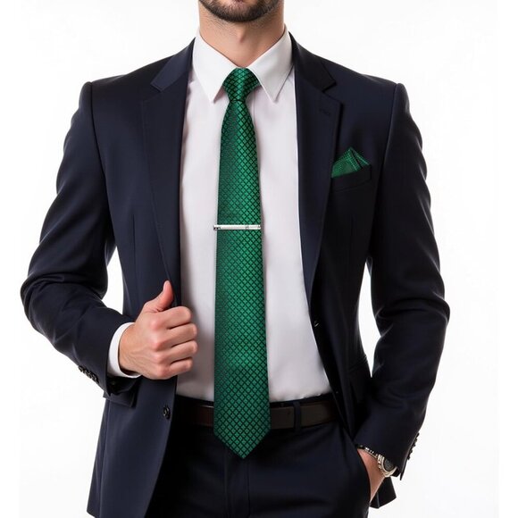 🆕Men Green Plaid Silk Checkered Necktie Pocket Square Cufflinks Tie Clip Set - Picture 2 of 6